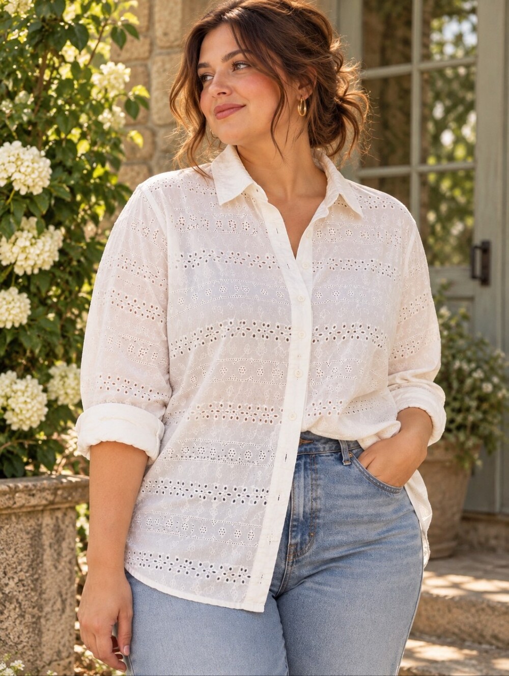 GAP Perfect Shirt White Eyelet Embroidered Button Down Blouse XL 16 Cottagecore